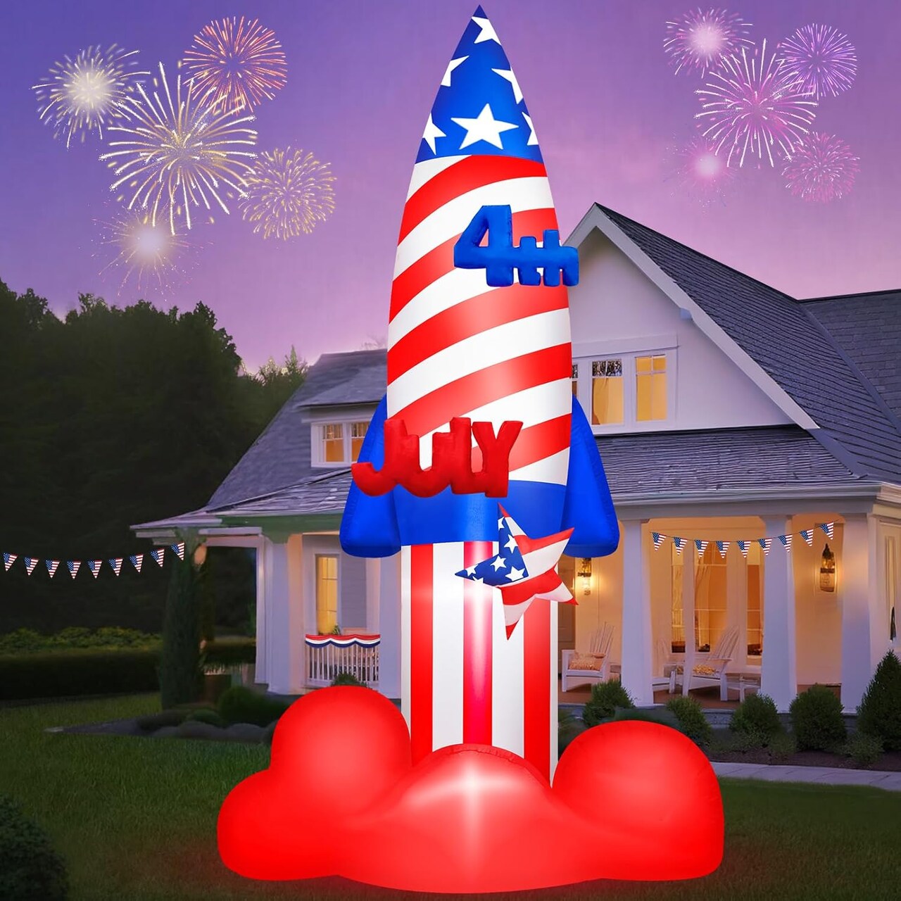 4th of July Inflatables 8 FT Large Rocket Outdoor Decorations with Built-in LEDs, Patriotic Memorial Independence Day Blow Up Inflatable for Parade Indoor Party Porch Lawn Garden Yard Decor